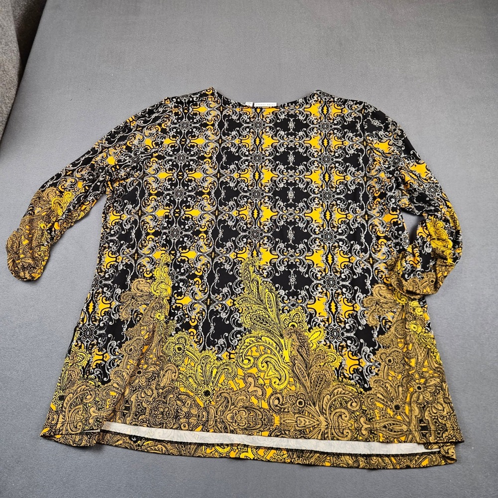 Susan Graver Liquid Knit Tunic Top 2X Black Yellow Paisley Damask 3/4 Sleeve - Picture 7 of 7